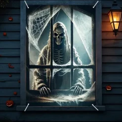 Halloween Window Curtain Grim Reaper Peeking Through Window, Horror Door Cover, Window cover, Wall Tapestry for Spooky 2025 Halloween Decoration