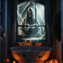 Halloween Window Curtain Grim Reaper Peeking Through Window, Horror Door Cover, Window cover, Wall Tapestry for Spooky 2025 Halloween Decoration