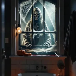 Halloween Window Curtain Grim Reaper Peeking Through Window, Horror Door Cover, Window cover, Wall Tapestry for Spooky 2025 Halloween Decoration