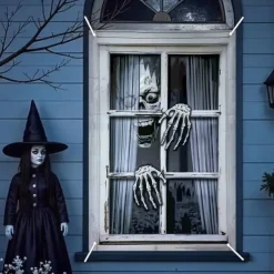 Halloween Window Curtain Skeleton Peeking Through Blinds, Scary Door Cover, Window cover, Wall Tapestry for 2025 Halloween Spooky Home Decoration
