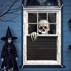 Halloween Window Curtain Skeleton Peeking Through Blinds, Scary Door Cover, Window cover, Wall Tapestry for 2025 Halloween Spooky Home Decoration