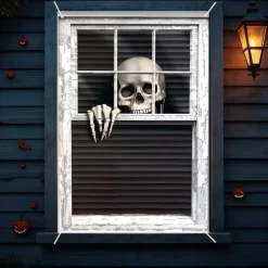 Halloween Window Curtain Skeleton Peeking Through Blinds, Scary Door Cover, Window cover, Wall Tapestry for 2025 Halloween Spooky Home Decoration