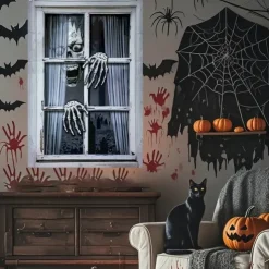 Halloween Window Curtain Skeleton Peeking Through Blinds, Scary Door Cover, Window cover, Wall Tapestry for 2025 Halloween Spooky Home Decoration