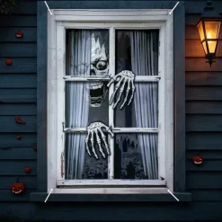 Halloween Window Curtain Skeleton Peeking Through Blinds, Scary Door Cover, Window cover, Wall Tapestry for 2025 Halloween Spooky Home Decoration