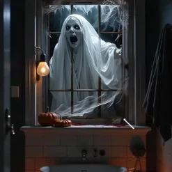 Halloween Window Curtain Creepy Ghost Woman Behind Frosted Glass, Horror Door Cover, Window cover, Wall Tapestry for 2025 Halloween Haunted House Spooky Home Decoration