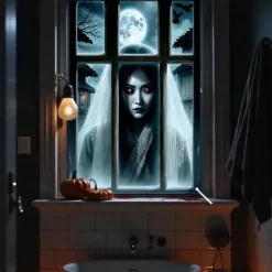 Halloween Window Curtain Creepy Ghost Woman Behind Frosted Glass, Horror Door Cover, Window cover, Wall Tapestry for 2025 Halloween Haunted House Spooky Home Decoration