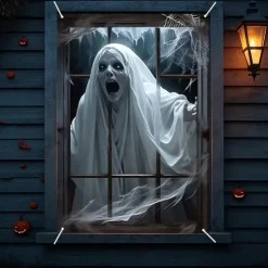 Halloween Window Curtain Creepy Ghost Woman Behind Frosted Glass, Horror Door Cover, Window cover, Wall Tapestry for 2025 Halloween Haunted House Spooky Home Decoration
