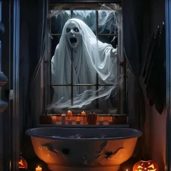 Halloween Window Curtain Creepy Ghost Woman Behind Frosted Glass, Horror Door Cover, Window cover, Wall Tapestry for 2025 Halloween Haunted House Spooky Home Decoration