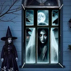 Halloween Window Curtain Creepy Ghost Woman Behind Frosted Glass, Horror Door Cover, Window cover, Wall Tapestry for 2025 Halloween Haunted House Spooky Home Decoration