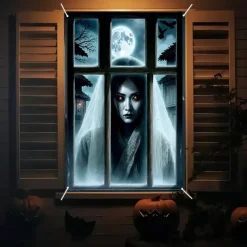 Halloween Window Curtain Creepy Ghost Woman Behind Frosted Glass, Horror Door Cover, Window cover, Wall Tapestry for 2025 Halloween Haunted House Spooky Home Decoration