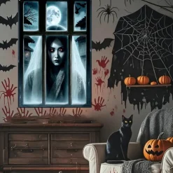 Halloween Window Curtain Creepy Ghost Woman Behind Frosted Glass, Horror Door Cover, Window cover, Wall Tapestry for 2025 Halloween Haunted House Spooky Home Decoration