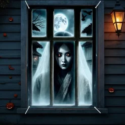 Halloween Window Curtain Creepy Ghost Woman Behind Frosted Glass, Horror Door Cover, Window cover, Wall Tapestry for 2025 Halloween Haunted House Spooky Home Decoration