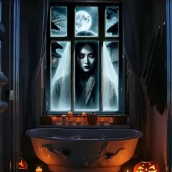 Halloween Window Curtain Creepy Ghost Woman Behind Frosted Glass, Horror Door Cover, Window cover, Wall Tapestry for 2025 Halloween Haunted House Spooky Home Decoration