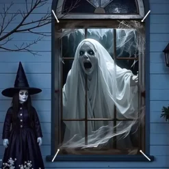 Halloween Window Curtain Creepy Ghost Woman Behind Frosted Glass, Horror Door Cover, Window cover, Wall Tapestry for 2025 Halloween Haunted House Spooky Home Decoration