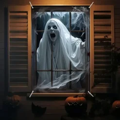 Halloween Window Curtain Creepy Ghost Woman Behind Frosted Glass, Horror Door Cover, Window cover, Wall Tapestry for 2025 Halloween Haunted House Spooky Home Decoration