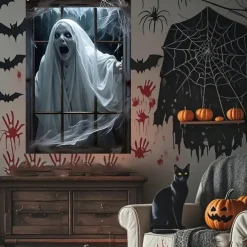 Halloween Window Curtain Creepy Ghost Woman Behind Frosted Glass, Horror Door Cover, Window cover, Wall Tapestry for 2025 Halloween Haunted House Spooky Home Decoration