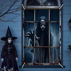 Halloween Window Curtain Creepy Skeleton Peeking Through Window, Scary , Scary Door Cover, Window cover, Wall Tapestry for 2025 Halloween Haunted House Spooky Home Decoration