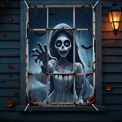 Halloween Window Curtain Creepy Skeleton Peeking Through Window, Scary , Scary Door Cover, Window cover, Wall Tapestry for 2025 Halloween Haunted House Spooky Home Decoration
