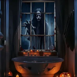 Halloween Window Curtain Creepy Skeleton Peeking Through Window, Scary , Scary Door Cover, Window cover, Wall Tapestry for 2025 Halloween Haunted House Spooky Home Decoration