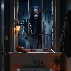 Halloween Window Curtain Creepy Skeleton Peeking Through Window, Scary , Scary Door Cover, Window cover, Wall Tapestry for 2025 Halloween Haunted House Spooky Home Decoration