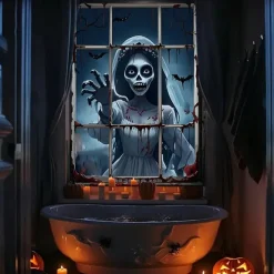 Halloween Window Curtain Creepy Skeleton Peeking Through Window, Scary , Scary Door Cover, Window cover, Wall Tapestry for 2025 Halloween Haunted House Spooky Home Decoration