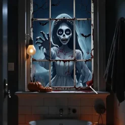 Halloween Window Curtain Creepy Skeleton Peeking Through Window, Scary , Scary Door Cover, Window cover, Wall Tapestry for 2025 Halloween Haunted House Spooky Home Decoration