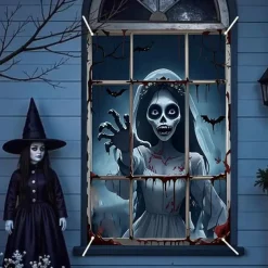 Halloween Window Curtain Creepy Skeleton Peeking Through Window, Scary , Scary Door Cover, Window cover, Wall Tapestry for 2025 Halloween Haunted House Spooky Home Decoration
