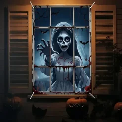 Halloween Window Curtain Creepy Skeleton Peeking Through Window, Scary , Scary Door Cover, Window cover, Wall Tapestry for 2025 Halloween Haunted House Spooky Home Decoration