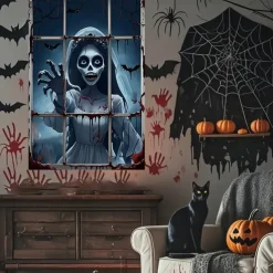 Halloween Window Curtain Creepy Skeleton Peeking Through Window, Scary , Scary Door Cover, Window cover, Wall Tapestry for 2025 Halloween Haunted House Spooky Home Decoration