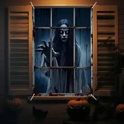 Halloween Window Curtain Creepy Skeleton Peeking Through Window, Scary , Scary Door Cover, Window cover, Wall Tapestry for 2025 Halloween Haunted House Spooky Home Decoration