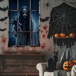 Halloween Window Curtain Creepy Skeleton Peeking Through Window, Scary , Scary Door Cover, Window cover, Wall Tapestry for 2025 Halloween Haunted House Spooky Home Decoration