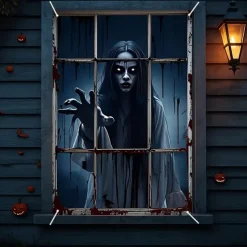 Halloween Window Curtain Creepy Skeleton Peeking Through Window, Scary , Scary Door Cover, Window cover, Wall Tapestry for 2025 Halloween Haunted House Spooky Home Decoration