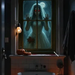 Halloween Window Curtain Grim Reaper Behind Bloody Wooden Planks, Creepy Door Cover, Window cover, Wall Tapestry for 2025 Halloween Haunted House Spooky Home Decoration