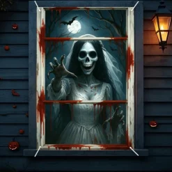Halloween Window Curtain Grim Reaper Behind Bloody Wooden Planks, Creepy Door Cover, Window cover, Wall Tapestry for 2025 Halloween Haunted House Spooky Home Decoration