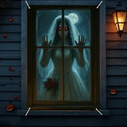 Halloween Window Curtain Grim Reaper Behind Bloody Wooden Planks, Creepy Door Cover, Window cover, Wall Tapestry for 2025 Halloween Haunted House Spooky Home Decoration