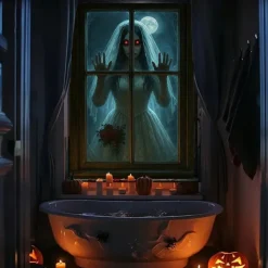 Halloween Window Curtain Grim Reaper Behind Bloody Wooden Planks, Creepy Door Cover, Window cover, Wall Tapestry for 2025 Halloween Haunted House Spooky Home Decoration