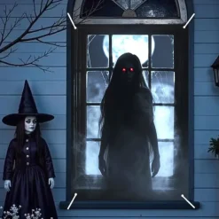 Halloween Window Curtain Grim Reaper Behind Bloody Wooden Planks, Creepy Door Cover, Window cover, Wall Tapestry for 2025 Halloween Haunted House Spooky Home Decoration