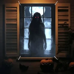 Halloween Window Curtain Grim Reaper Behind Bloody Wooden Planks, Creepy Door Cover, Window cover, Wall Tapestry for 2025 Halloween Haunted House Spooky Home Decoration