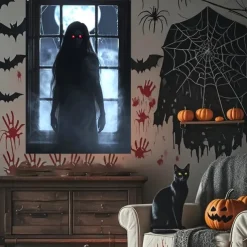 Halloween Window Curtain Grim Reaper Behind Bloody Wooden Planks, Creepy Door Cover, Window cover, Wall Tapestry for 2025 Halloween Haunted House Spooky Home Decoration