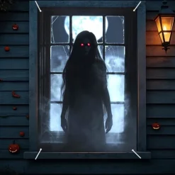 Halloween Window Curtain Grim Reaper Behind Bloody Wooden Planks, Creepy Door Cover, Window cover, Wall Tapestry for 2025 Halloween Haunted House Spooky Home Decoration