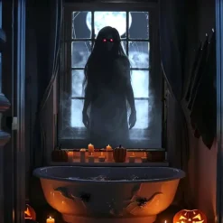 Halloween Window Curtain Grim Reaper Behind Bloody Wooden Planks, Creepy Door Cover, Window cover, Wall Tapestry for 2025 Halloween Haunted House Spooky Home Decoration