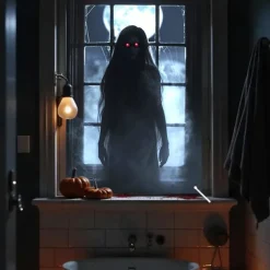 Halloween Window Curtain Grim Reaper Behind Bloody Wooden Planks, Creepy Door Cover, Window cover, Wall Tapestry for 2025 Halloween Haunted House Spooky Home Decoration