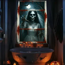 Halloween Window Curtain Grim Reaper Behind Bloody Wooden Planks, Creepy Door Cover, Window cover, Wall Tapestry for 2025 Halloween Haunted House Spooky Home Decoration