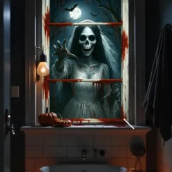 Halloween Window Curtain Grim Reaper Behind Bloody Wooden Planks, Creepy Door Cover, Window cover, Wall Tapestry for 2025 Halloween Haunted House Spooky Home Decoration