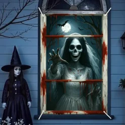 Halloween Window Curtain Grim Reaper Behind Bloody Wooden Planks, Creepy Door Cover, Window cover, Wall Tapestry for 2025 Halloween Haunted House Spooky Home Decoration