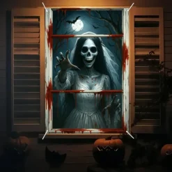 Halloween Window Curtain Grim Reaper Behind Bloody Wooden Planks, Creepy Door Cover, Window cover, Wall Tapestry for 2025 Halloween Haunted House Spooky Home Decoration