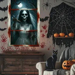 Halloween Window Curtain Grim Reaper Behind Bloody Wooden Planks, Creepy Door Cover, Window cover, Wall Tapestry for 2025 Halloween Haunted House Spooky Home Decoration