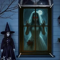 Halloween Window Curtain Grim Reaper Behind Bloody Wooden Planks, Creepy Door Cover, Window cover, Wall Tapestry for 2025 Halloween Haunted House Spooky Home Decoration
