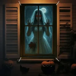 Halloween Window Curtain Grim Reaper Behind Bloody Wooden Planks, Creepy Door Cover, Window cover, Wall Tapestry for 2025 Halloween Haunted House Spooky Home Decoration