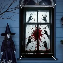 Halloween Window Curtain Bloody Handprints Bathroom Scene, Scary Door Cover, Window cover, Wall Tapestry for 2025 Halloween Haunted House Decoration